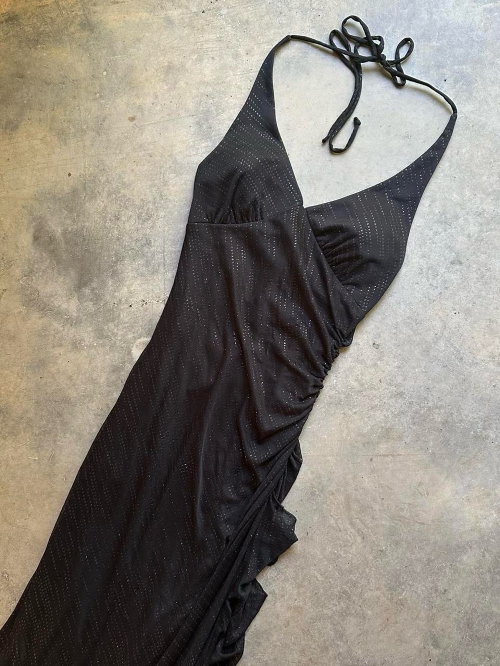 Gorgeous fully sparkly black halter neck dress with ruched and ruffle details